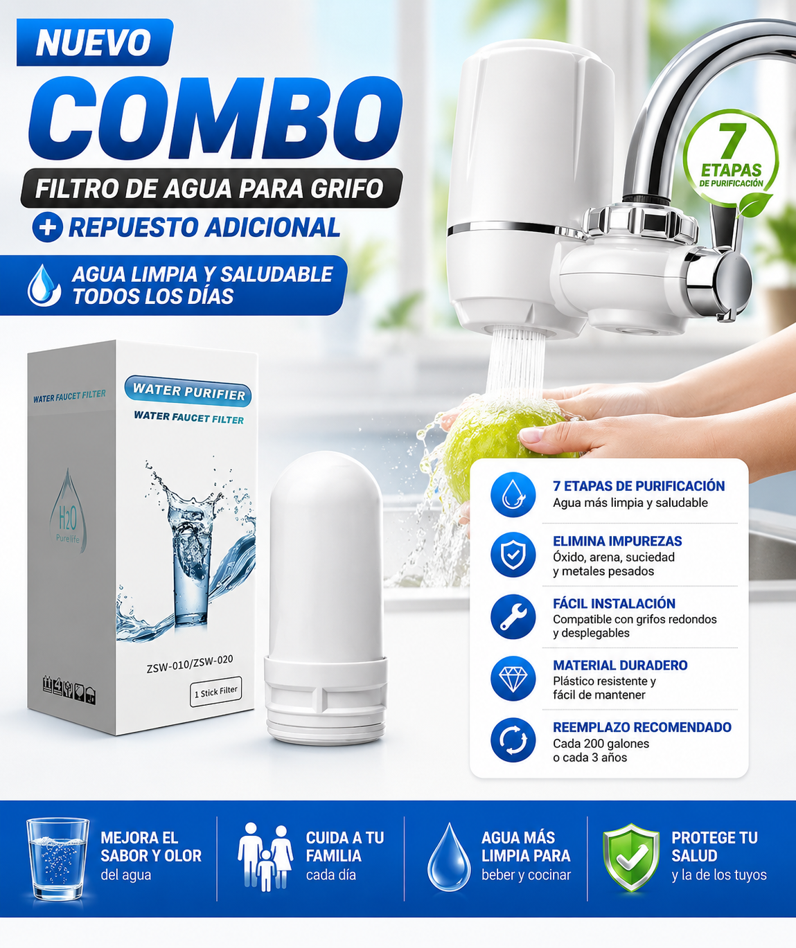 Filtro Purificador De Agua + Repuesto Grátis